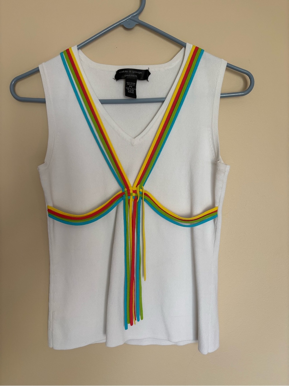 Cable & Gauge White Tank with Rainbow Ribbon Trim